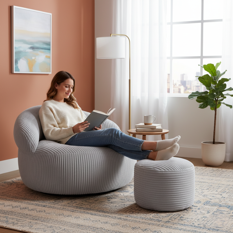 Pouf XXL déhoussable et repose-pieds en velours côtelé assorti