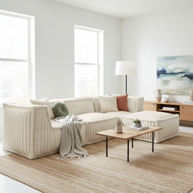 Canapé modulable 4 places avec méridienne en Fourrure côtelée