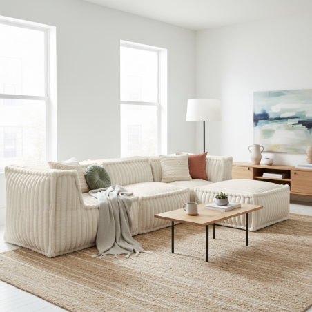 Canapé modulable 4 places avec méridienne en Fourrure côtelée