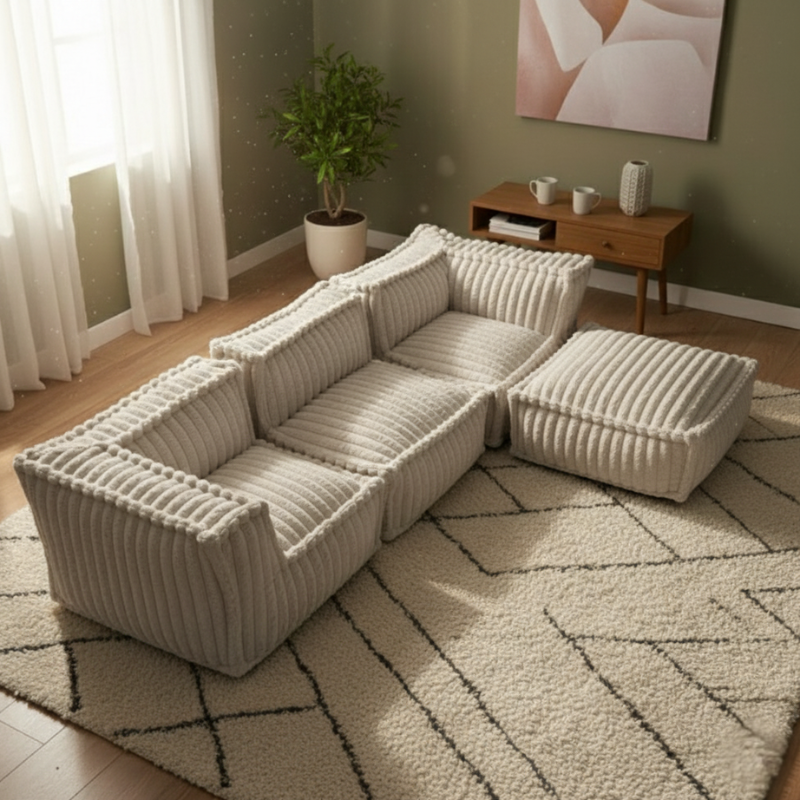 Canapé modulable 4 places avec méridienne en Fourrure côtelée