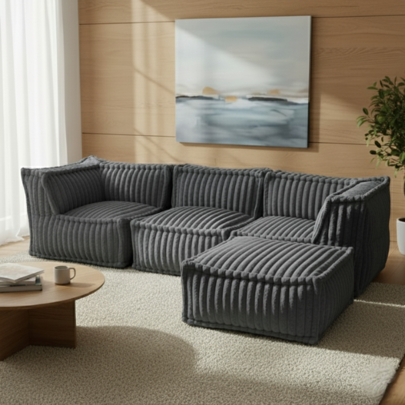 Canapé modulable 4 places avec méridienne en Fourrure côtelée