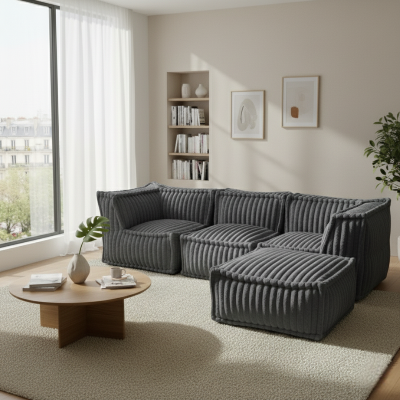 Canapé modulable 4 places avec méridienne en Fourrure côtelée