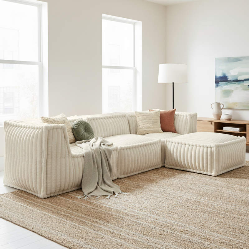 Canapé modulable 4 places avec méridienne en Fourrure côtelée