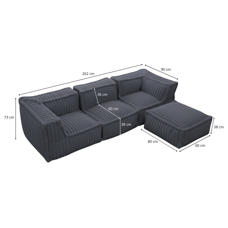 Canapé modulable 4 places avec méridienne en Fourrure côtelée