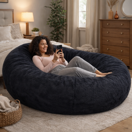 femme allongée sur un pouf long géant en fausse fourrure
