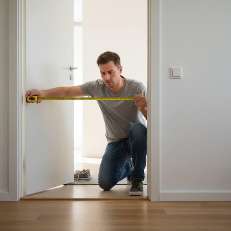 Homme mesurant la largeur de sa porte d'entrée