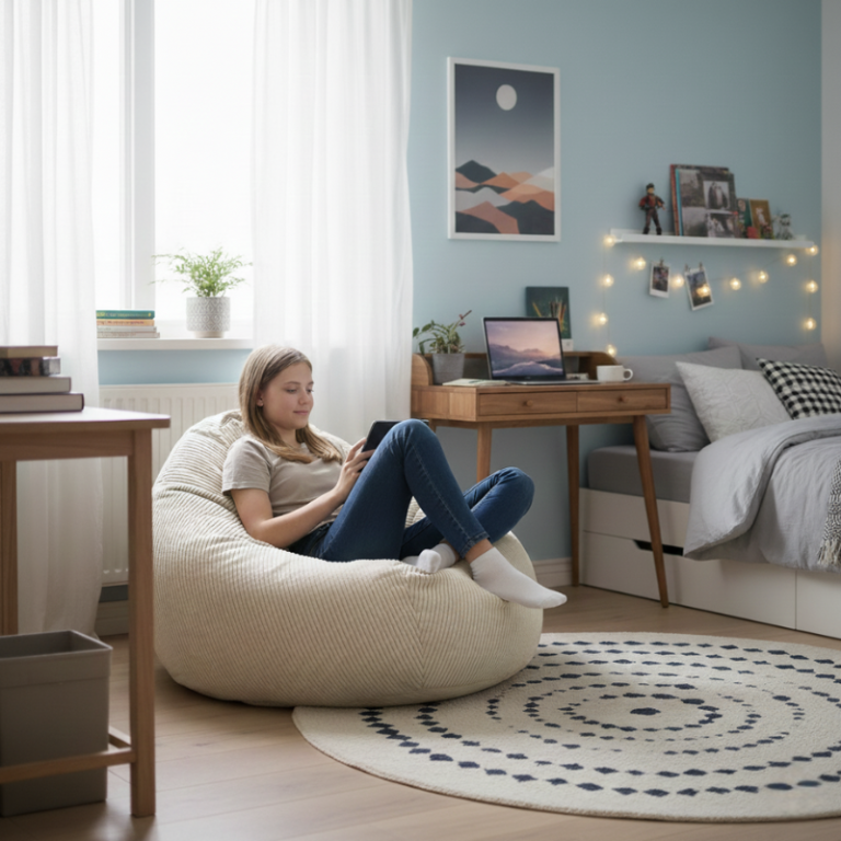 Ado sur un pouf poire Bananair