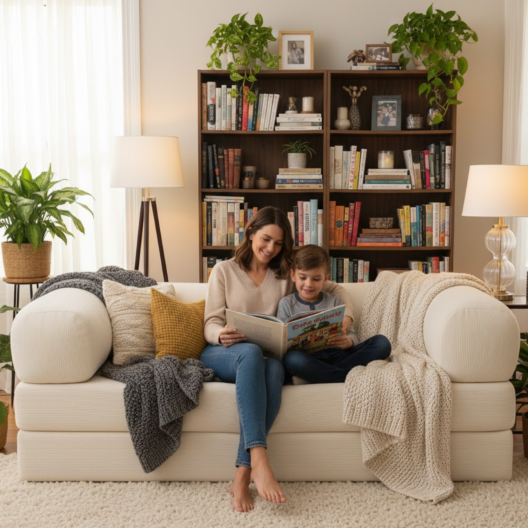 Femme et son enfant sur un canapé lit