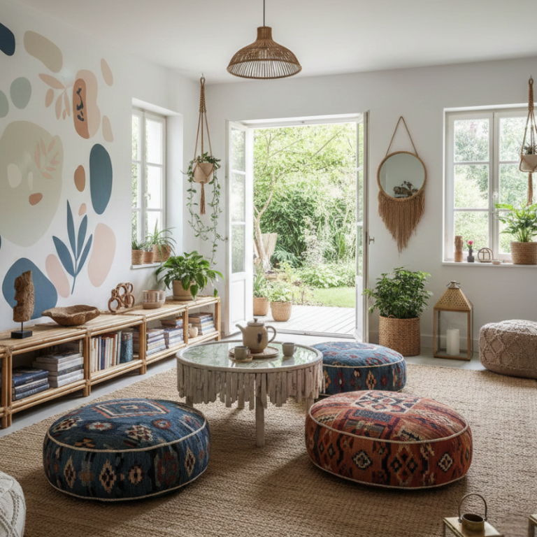 Coussins de sol dans un salon sans canapé