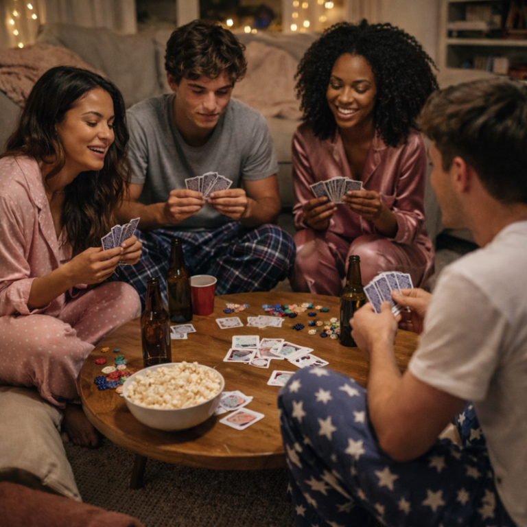 Amis qui jouent à un jeu de cartes lors d'une soirée pyjama
