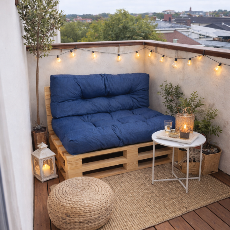 balcon aménagé de coussins palettes avec un éclairage apaisant
