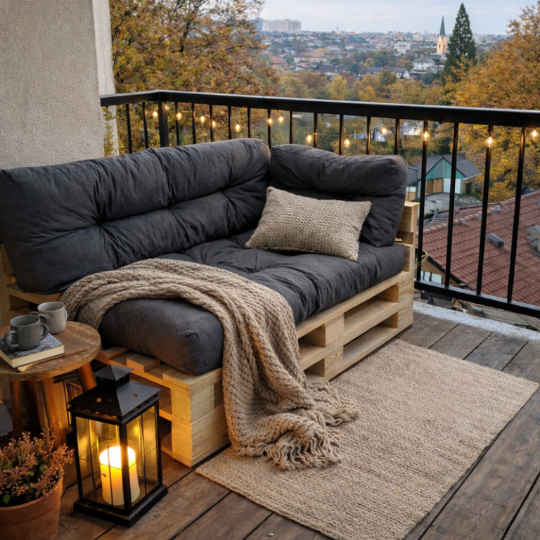 balcon avec coussins palettes
