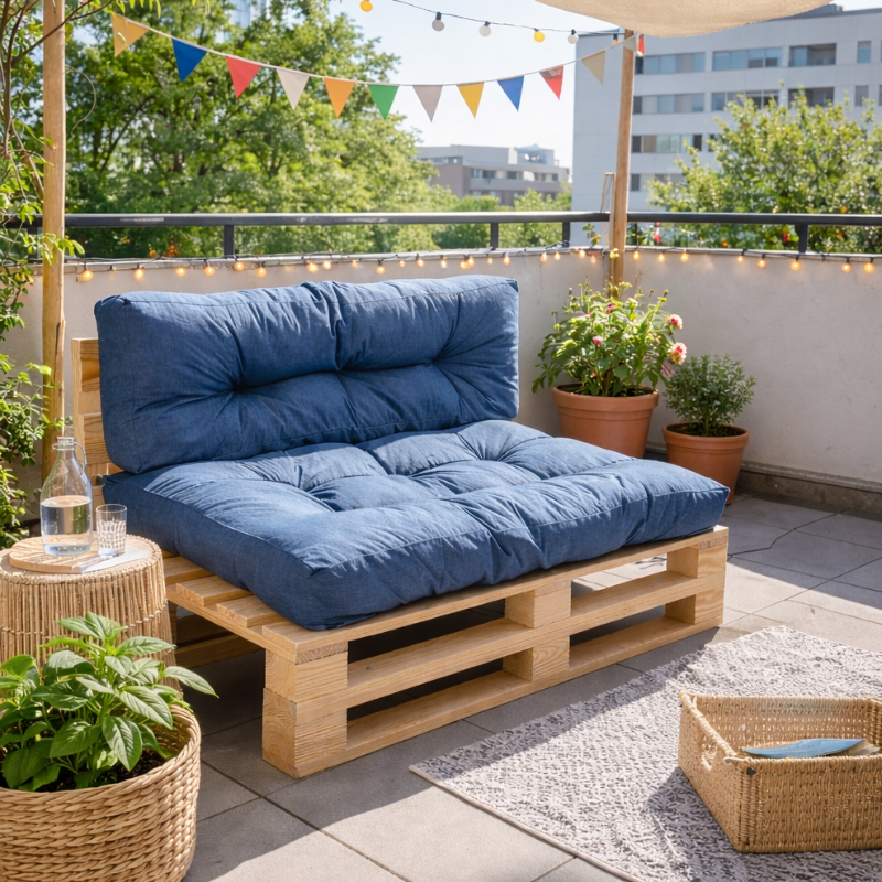 canapé palette avec coussins palettes sur un balcon