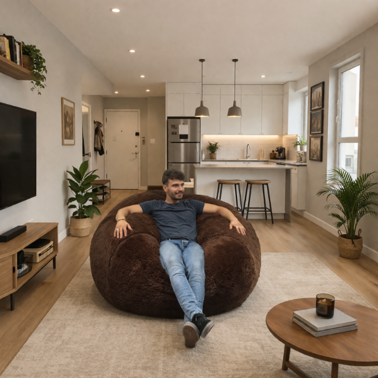 homme assis dans un pouf géant dans un appartement