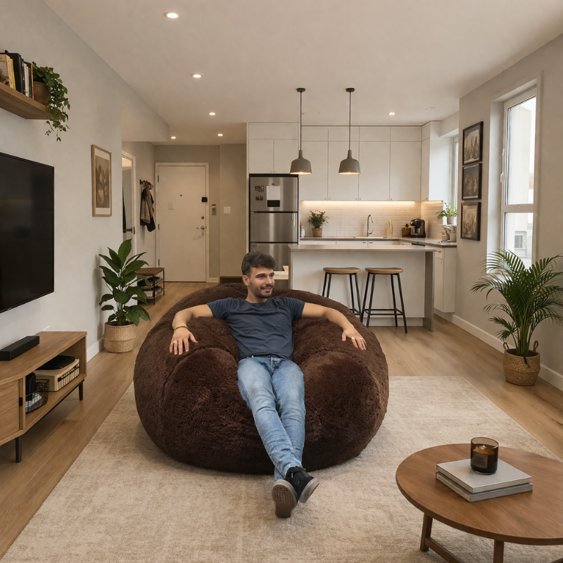 homme assis dans un pouf géant dans un appartement